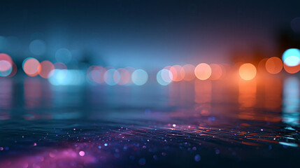 Fototapeta premium Defocused neon ocean with soft galaxy reflection, futuristic coastline blurred lights technology, fantasy dreamscape surreal atmosphere, cyberpunk beach night sky, gentle glow,