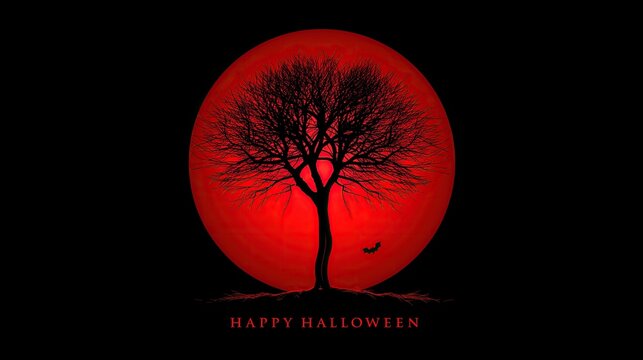 Minimalist halloween design with silhouette of dead bare tree in front of giant red moon with bats flying and happy halloween text at bottom on black background