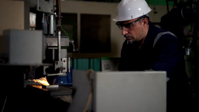 A technician is using a grinding machine to grind and shape automotive parts in an automotive parts manufacturing plant