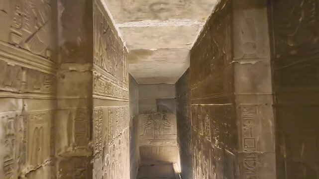 Beautiful bas-reliefs and ancient hieroglyphs from the Dendera Temple Complex, Qena, Egypt.