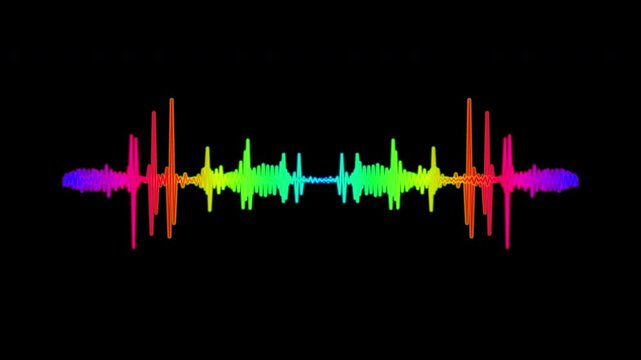 Intense audio spectrum visualizer, pulsing with colourful dangerous energy and heavy bass frequencies on tranparent background