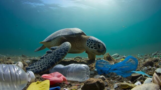 Sea turtle, plastic and pollution in ocean for environmental awareness, global warming and climate change. Marine life, underwater and waste with trash, ecology and protection for sustainability