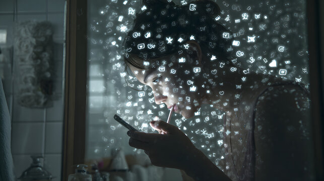 Woman bathroom mirror reflection surrounded by glowing social media icons using smartphone digital technology night dreamy surreal emotional solitude modern life