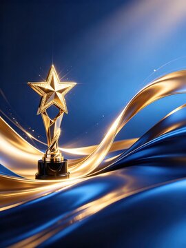 Shiny glowing gold star trophy with black base resting on flowing blue and golden fabric background for award ceremony and achievement concept