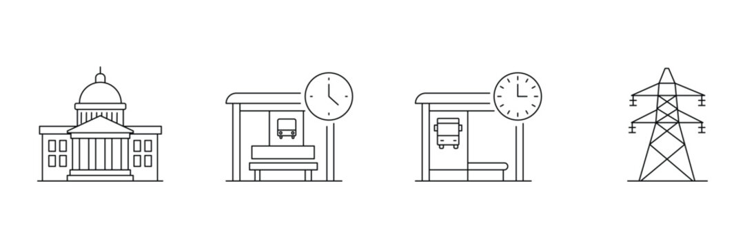 Government building bus stop station and electric power tower line icon vector illustration.