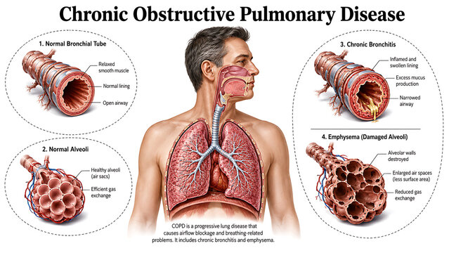 Medical illustration of chronic obstructive pulmonary disease anatomy