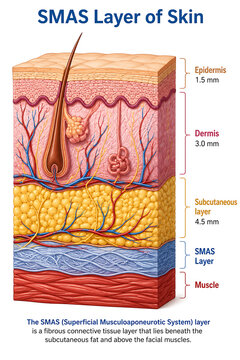 Anatomical cross section diagram showing smas layer of human skin structure