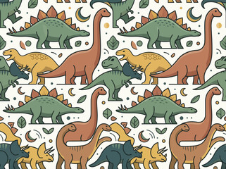 Seamless Dinosaur Pattern for Kids Nursery Decor - Stegosaurus, Brachiosaurus, and Triceratops Cartoon Illustration for Fabric and Wallpaper © Anang