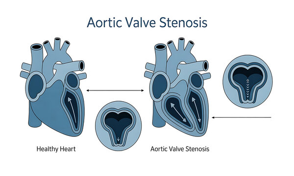 Medical comparison diagram of healthy heart and aortic valve stenosis disease