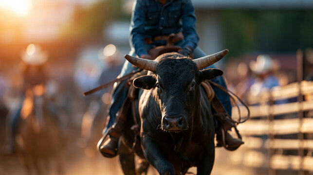 Bull riding cowboy at country rodeo event, western sport competition, ranch entertainment, athletic performance, dangerous activity, outdoor arena, traditional rodeo, with copy
