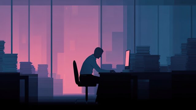 深夜オフィスで働くビジネスマン 残業イメージ 背景素材