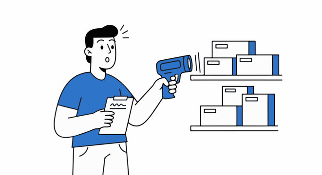 Young man scanning barcodes in warehouse inventory.