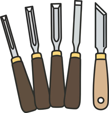 Set of five wood chisels flat vector illustration of carving tools with wooden handles isolated on white background for crafting and woodworking