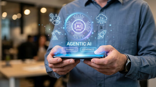 Futuristic mobile interface showcasing AI technology with digital icons representing cloud computing and automation on a smartphone held by a person