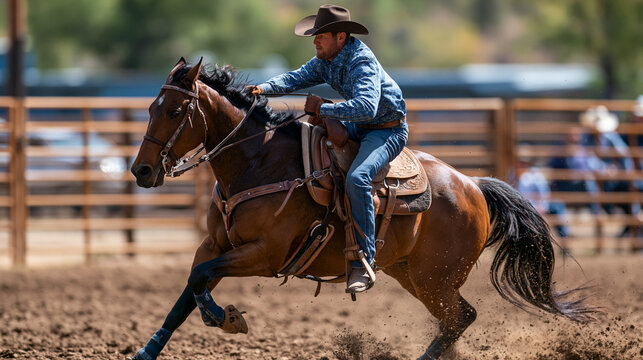 Cowboy rides bucking horse, western rodeo sport, athletic performance, traditional competition, ranch entertainment, outdoor arena, dynamic action, bronc riding event, with copy