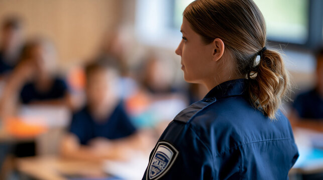 Faceless female police officer visiting classroom giving lecture to primary school students about safety rules, young kids listening attentively to officer learning about law and