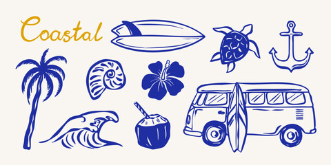 Coastal summer hand drawn set with surfboard, palm tree, anchor, van and tropical beach elements. Seaside vacation doodle vector collection. © Iana