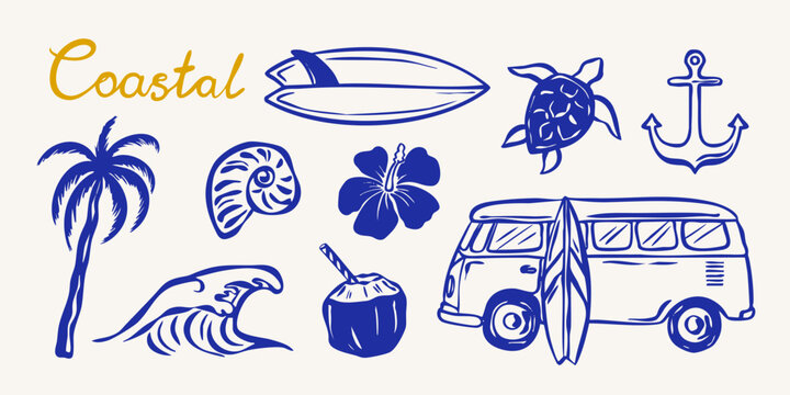 Coastal summer hand drawn set with surfboard, palm tree, anchor, van and tropical beach elements. Seaside vacation doodle vector collection.