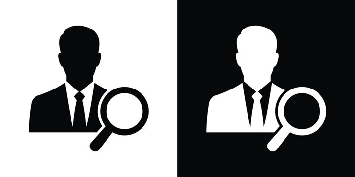 Businessman profile icon with a magnifying glass. Minimalist black and white human resource, job candidate search, recruitment, and professional user audit vector illustration.