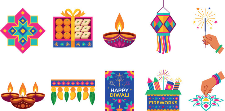 Colorful Indian Diwali Festival Flat Vector Icon Set with Diya Lamps Sweet Box Lantern Sparkler Toran Garland and Rangoli Design Elements