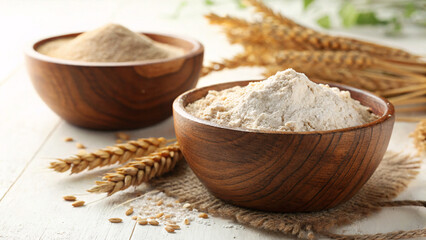 Organic Wheat Flour in Wooden Bowls – Natural Whole Grain Flour with Wheat Ears on Rustic Background