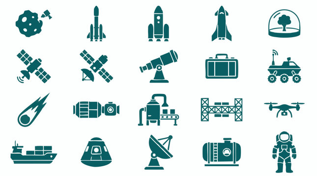 Space Exploration, Technology, and Industrial Vector Icons Set