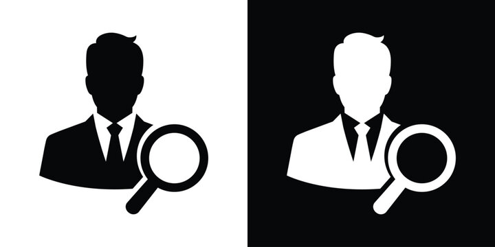 Businessman profile icon with a magnifying glass. Minimalist black and white human resource, job candidate search, recruitment, and professional user audit vector illustration.