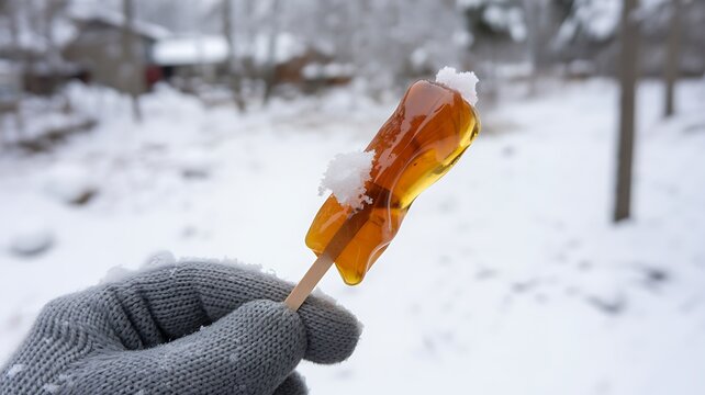 Hand holding maple syrup candy on a stick in snowy winter scene outside