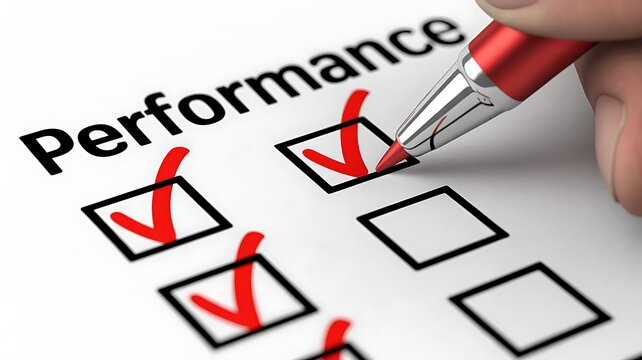 Hand holding pen checking boxes on performance evaluation form with red ticks