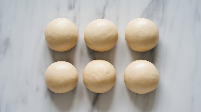 Six round balls of dough on a marble surface for baking or cooking purposes