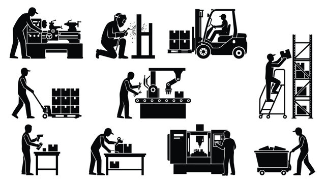Black silhouettes of workers at industrial jobs.