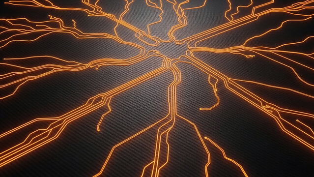 Abstract Digital Circuit Board with Glowing Orange Data Lines