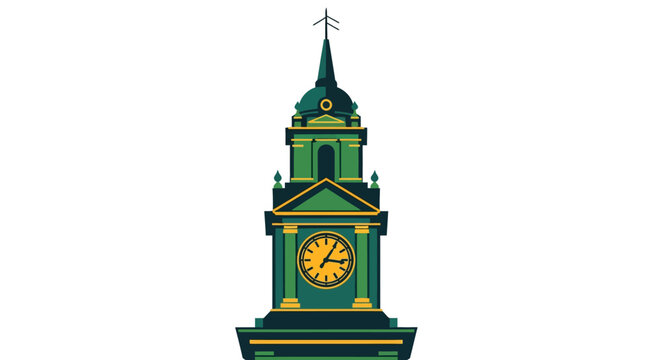 Illustrated Green Clock Tower with Golden Clock Face.