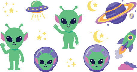 Cute Green Alien Outer Space Vector Element Set with Spaceship Rocket UFO Planet Saturn Moon and Stars for Kids Sci-Fi Designs © MSTFarjana