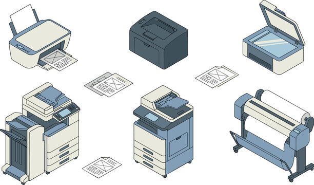 Isometric Office Printer and Scanner Vector Set with Multifunction Copiers Plotter and Documents for Corporate Business Printing Media Designs