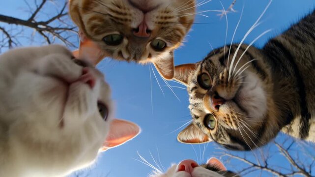 Cats, group and pets looking down with blue sky, outdoor and domestic animal for social media, pet shop and veterinary clinic. Feline, kitten and curious face with friendship, cute and funny story.