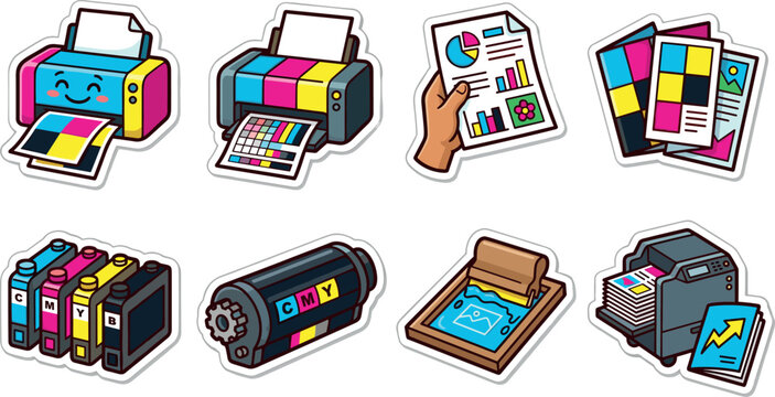 Commercial Printing and Polygraphy Service Vector Sticker Set with CMYK Ink Cartridges Laser Toner Screen Printing and Document Proofs