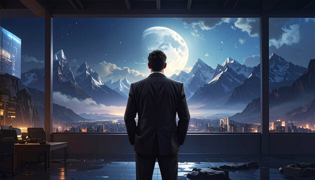 Un homme regarde la lune par-dessus les montagnes