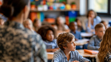 Obraz premium Faceless military officer visiting classroom speaking to curious students about military science and discipline, children sitting listening attentively during career education