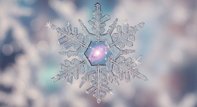 Motif complexe de flocon de neige avec une galaxie en son centre sur fond flou