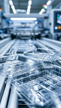 Focused medium shot of advanced thermoforming machinery crafting transparent recycled trays with blurred background conveyors and bright industrial lighting enhancing the clean