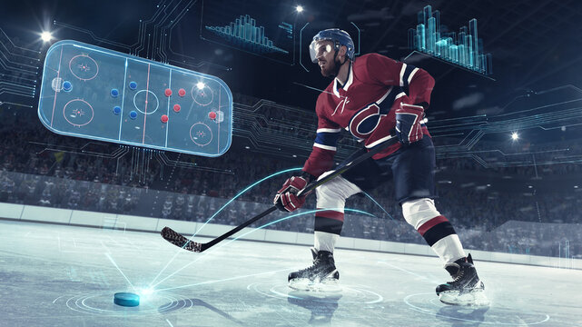 Hockey player skating with digital rink tactics and puck tracking interface. Concept of ice hockey analytics, team strategy, coaching software, sports tech and broadcast graphics.