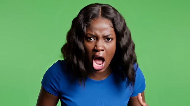 Young Black Woman Expressing Anger and Frustration on Green Screen Background.