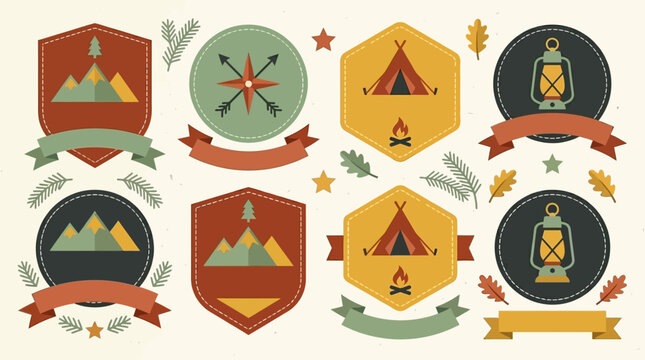 Collection of vintage camping and outdoor adventure badges with mountains, tents, and lanterns for nature exploration branding.