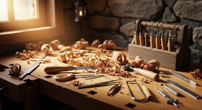 Atelier de menuiserie avec outils et copeaux de bois sur un &eacute;tabli baign&eacute; de soleil