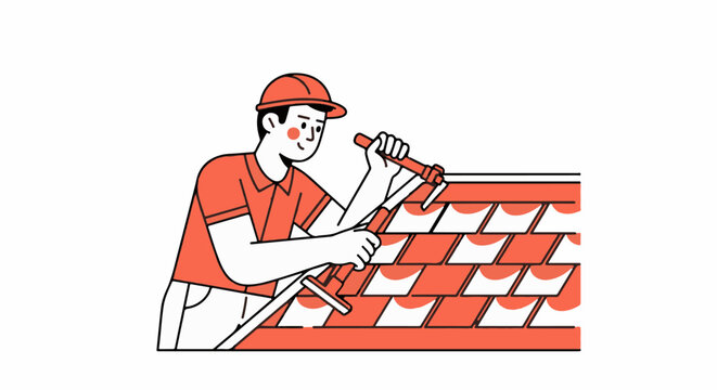 Construction worker installing red roof tiles carefully with nail gun.