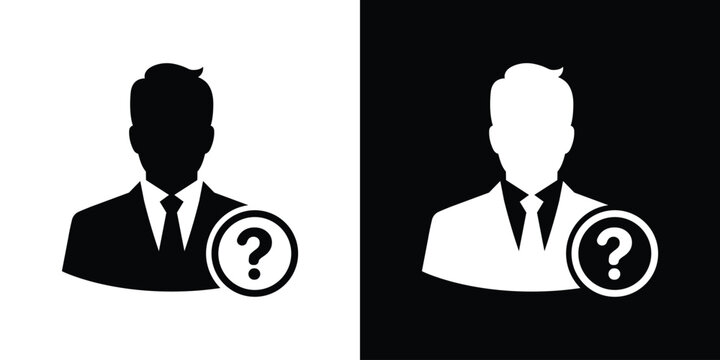 Businessman avatar with a question mark symbol. Minimalist black and white identity vector icon representing help desk, unknown candidate, customer support query, or anonymous user status.