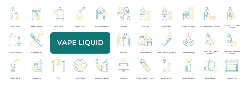 Vape Liquid Icon set Collection in Line Two Color Style. nicotine, vaporizer, device,  cigarette, smoke, pod, mod