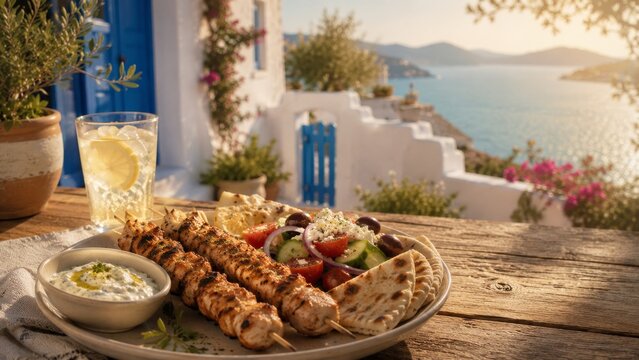 Greek chicken skewers and mezze on a seaside terrace