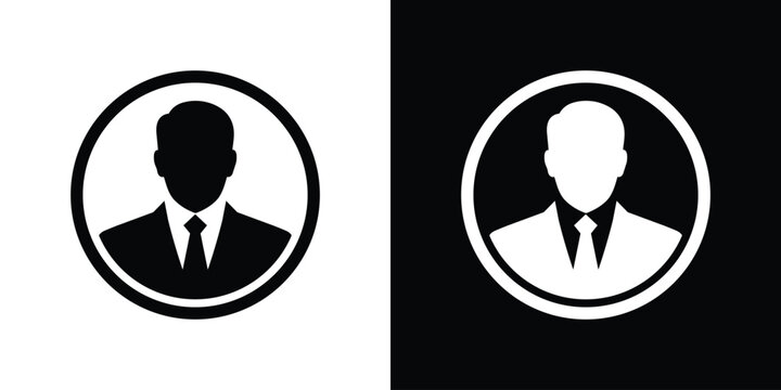 Elegant businessman profile icon enclosed inside a circle frame. Clean black and white vector symbol for corporate executive member, professional account, default user avatar, and identity.